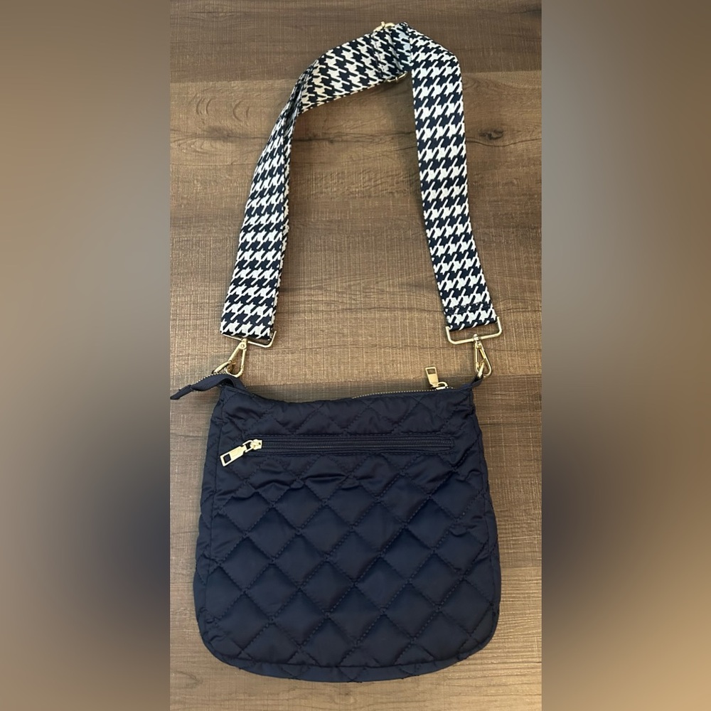Navy Quilted Crossbody Bag Purse with Houndstooth Strap